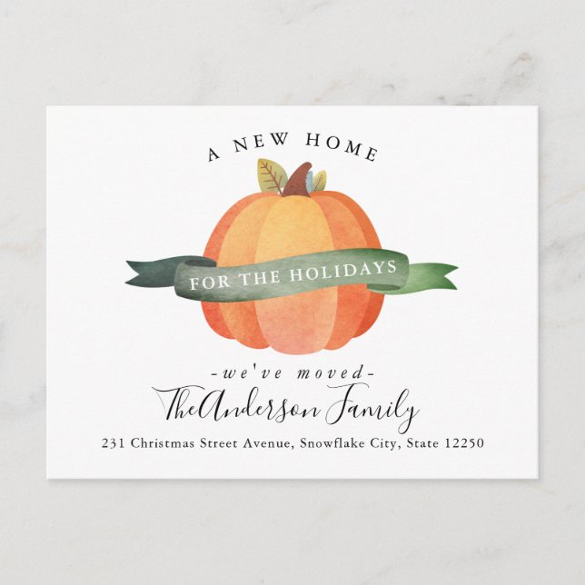 New Home Moved Thanksgiving Pumpkin Holiday Moving Announcement Postcard (Front)
