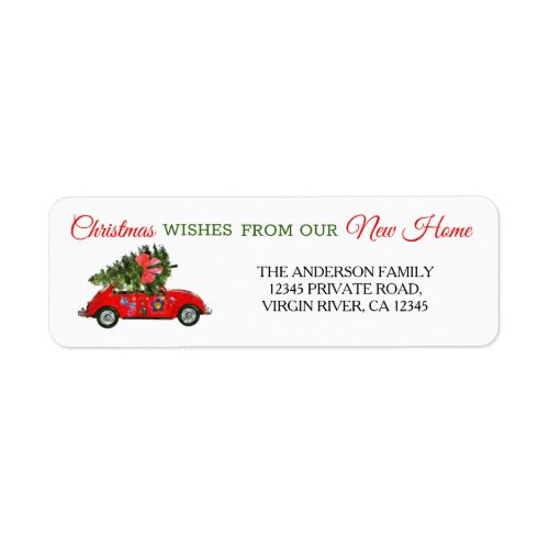 New home moving Red Christmas car with tree white Label