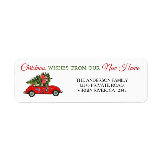 New home moving Red Christmas car with tree white Label (Front)