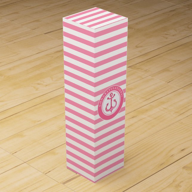 New Home - Nautical Pink Anchor Striped Wine Gift Box (Front)