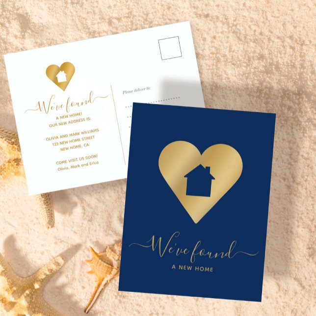 New Home Navy Blue Faux Gold Heart House Address Holiday Postcard (Creator Uploaded)