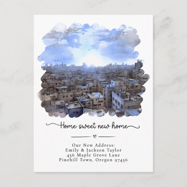 New Home - New Address Watercolor City Announcement Postcard (Front)
