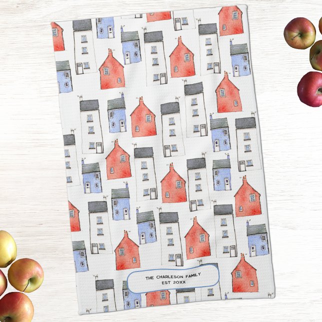 New Home Personalized Kitchen Towel (House watercolor art personalized family kitchen towel)