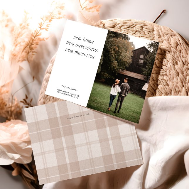 New Home Personalized Photo Moving  Announcement (New home photo announcement card displayed on table with beige accents)