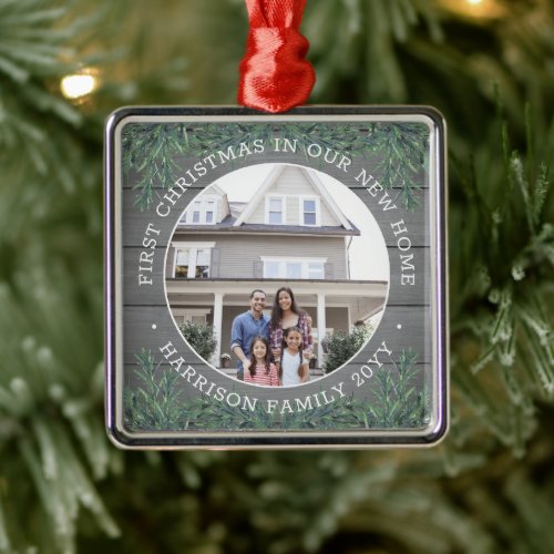New Home Photo 1st Christmas Faux Gray Wood & Pine Metal Ornament - Celebrate the joy of your new place with a custom photo "First Christmas in our New Home" square metal ornament. Text and picture on this template are simple to personalize for any occasion. (IMAGE & TEXT DESIGN TIPS: 1) To adjust position of wording, add spaces at beginning or end. 2) To center the photo exactly how you want, crop it into a square shape before uploading to the Zazzle website.) Modern farmhouse style design features a rustic grey faux wood background, festive watercolor pine greenery, stylish typography name and year, and 1 image of your choice. This unique family keepsake adds an elegant touch to Xmas home decorations or makes a thoughtful housewarming realtor gift idea. There's no place like a new home for the holidays!