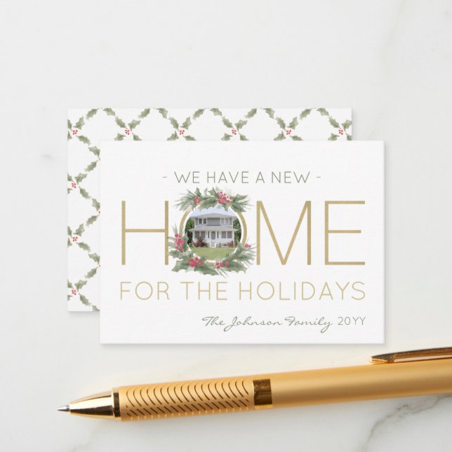 New Home Photo Christmas Wreath Change of Address Enclosure Card (Front/Back In Situ)