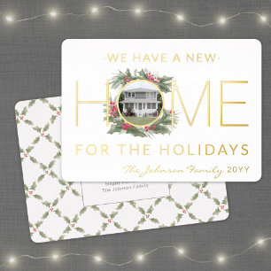 New Home Photo Christmas Wreath Change of Address Foil Holiday Card