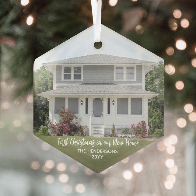 New Home Photo First Christmas Simple White Script Glass Ornament (Creator Uploaded)