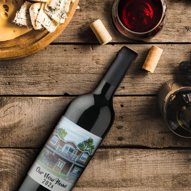 New Home Photo Handwritten Script Custom Modern Wine Label
