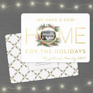 New Home Photo Watercolor Holly Change of Address Foil Holiday Card
