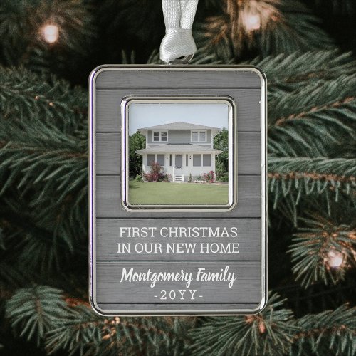 New Home Picture Housewarming Faux Gray Wood First Christmas Ornament