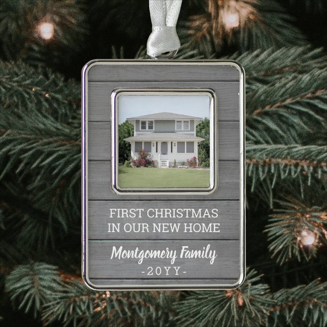 New Home Picture Housewarming Faux Gray Wood First Christmas Ornament (Creator Uploaded)