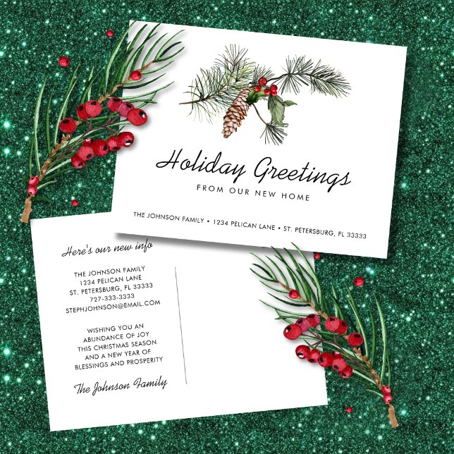 New Home Pine Bough Christmas Berries Moving Announcement Postcard (New Home Pine Bough Christmas Berries Moving Announcement Postcard)