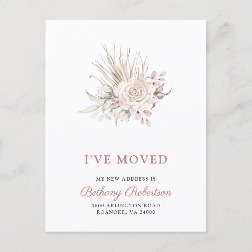 New Home Pink Roses Eucalyptus Dried Palm Moving Announcement Postcard