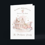 New Home Pink Snowman Christmas Holiday Card<br><div class="desc">House at Christmas time with little pink snow girl.</div>