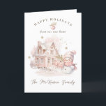 New Home Pink Snowman Christmas Holiday Card<br><div class="desc">House at Christmas time with little pink snow girl.</div>