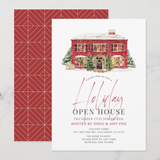 New Home Red House Christmas Holiday Open House Invitation (Front/Back)