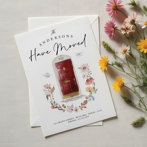 New Home Red Watercolor Door Wildflower Floral Announcement