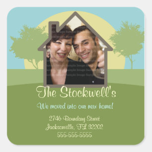 New Home Rising Sun Photo Template Announcement Square Sticker