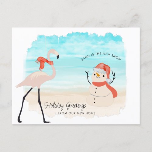 New Home Sandy Snowman Flamingo on Beach Holiday Postcard