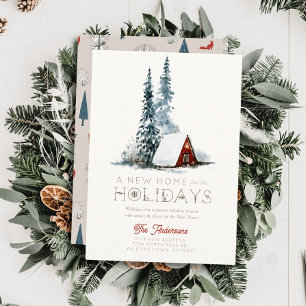 New Home Small Red Cabin Winterscape Christmas Holiday Card