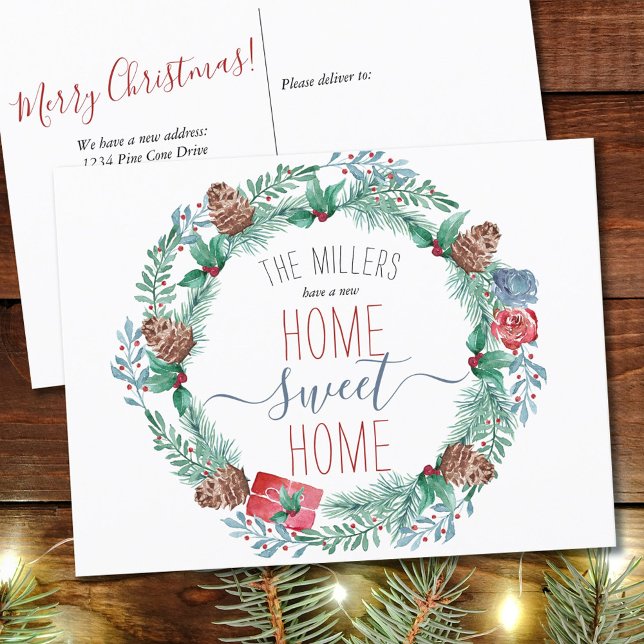 New Home Sweet Home Pine Wreath Christmas Moving Announcement Postcard (Creator Uploaded)