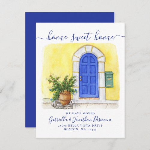 New Home Sweet Home Watercolor Blue Yellow Moving  Announcement
