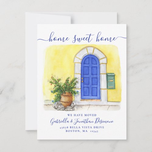 New Home Sweet Home Watercolor Blue Yellow Moving Announcement