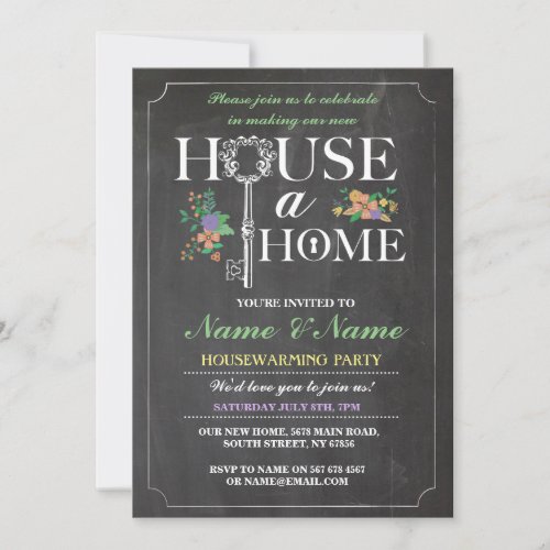 New Home Sweet House Warming Chalkboard Key Invite