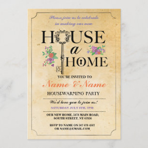 New Home Sweet House Warming Vintage Key Invite
