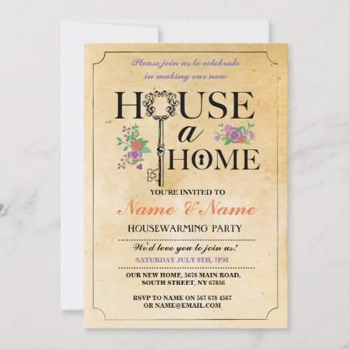 New Home Sweet House Warming Vintage Key Invite