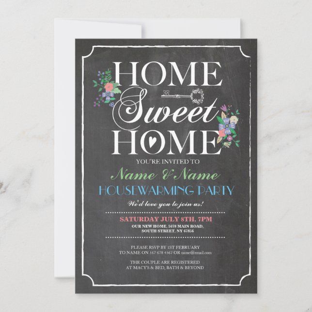 New Home Sweet HouseWarming Chalk Board Key Invite (Front)