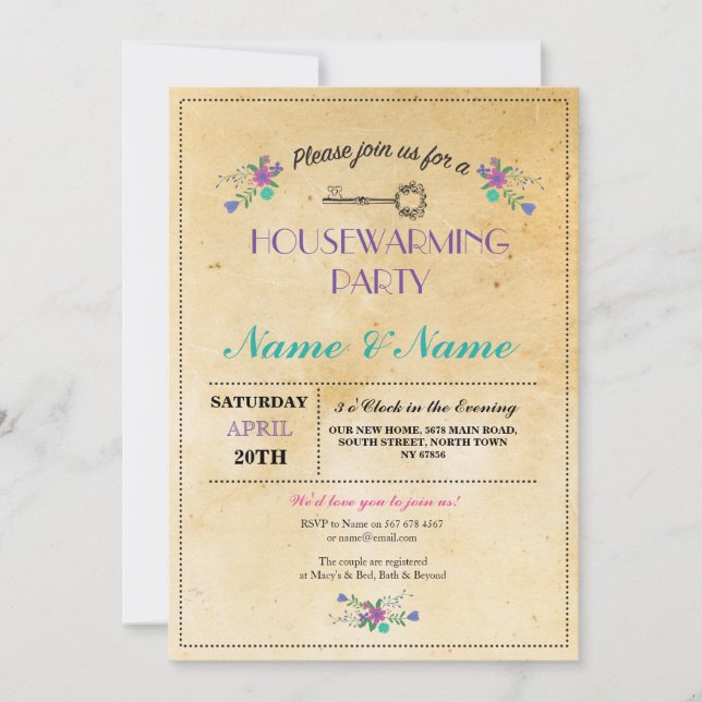 New Home Sweet HouseWarming Floral Key Cute Invite (Front)