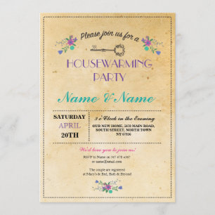 New Home Sweet HouseWarming Floral Key Cute Invite