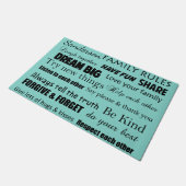 New Home Teal Blue Family Rules Personalized Doormat (Angled)
