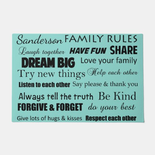 New Home Teal Blue Family Rules Personalized Doormat