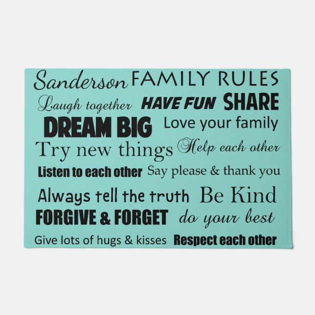 New Home Teal Blue Family Rules Personalized Doormat (Front)