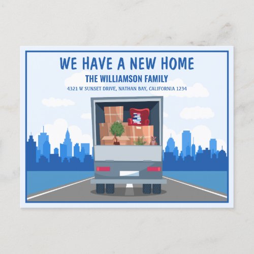 New Home Truck and Blue Cityscape Moving Announcement Postcard