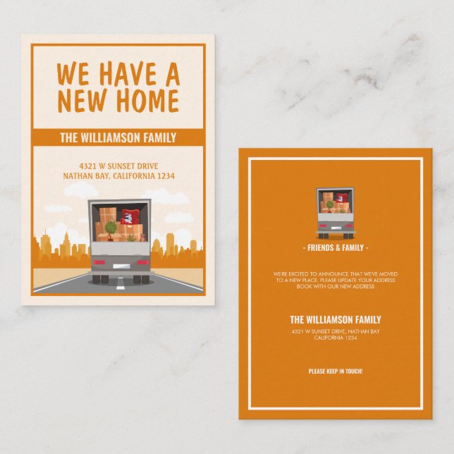 New Home Truck and Orange Cityscape Budget Moving Note Card (Front/Back)