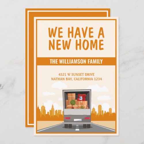 New Home Truck and Orange Cityscape Moving Announcement