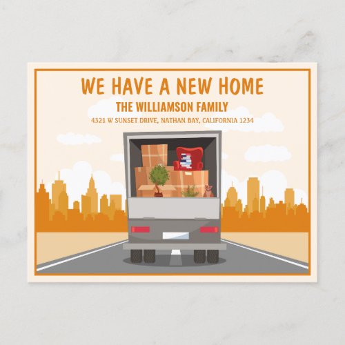 New Home Truck and Orange Cityscape Moving Announcement Postcard