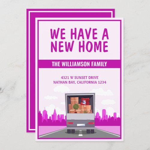 New Home Truck and Pink Cityscape Moving Announcement