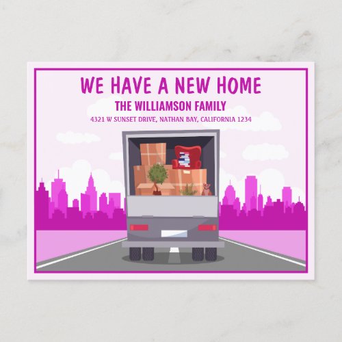 New Home Truck and Pink Cityscape Moving Announcement Postcard
