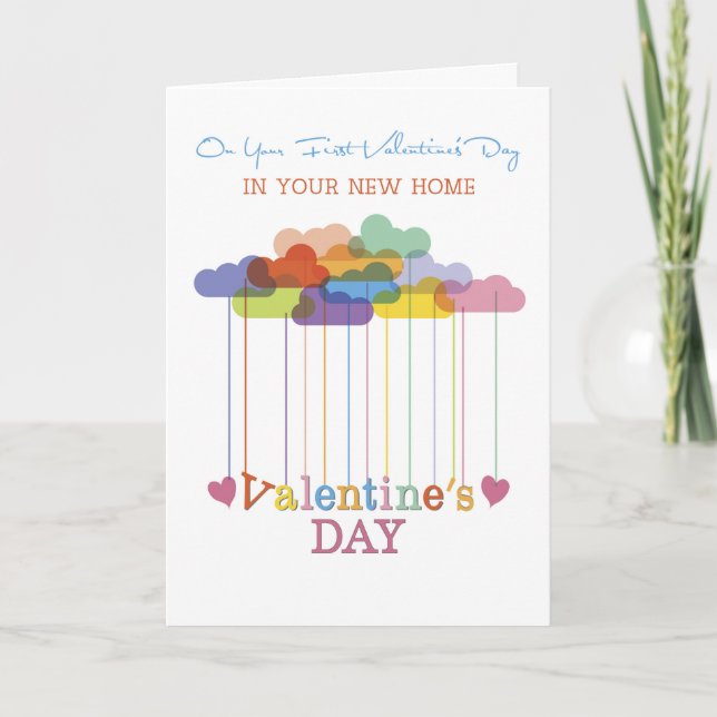 New Home Valentine Rainbow Clouds and Hearts Holiday Card (Front)