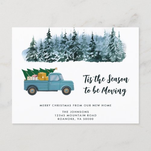 New Home Vintage Blue Truck Christmas Tree Moving Announcement Postcard