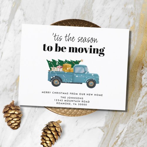New Home Vintage Blue Truck Christmas Tree Moving Announcement Postcard