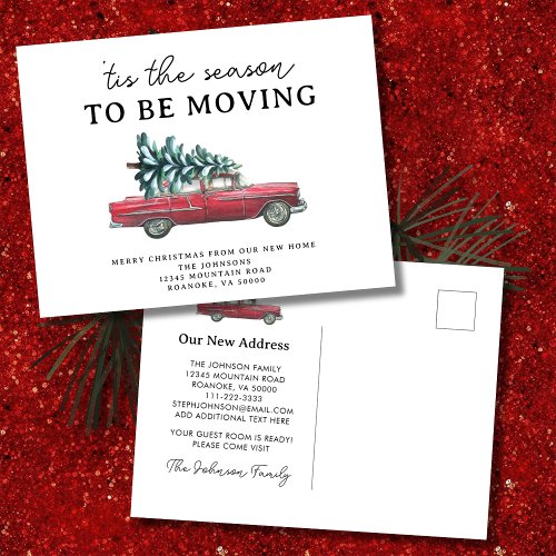 New Home Vintage Red Car Christmas Tree Moving Announcement Postcard