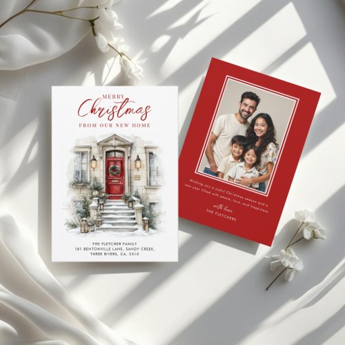 New Home Watercolor Red Front Door Christmas Holiday Card