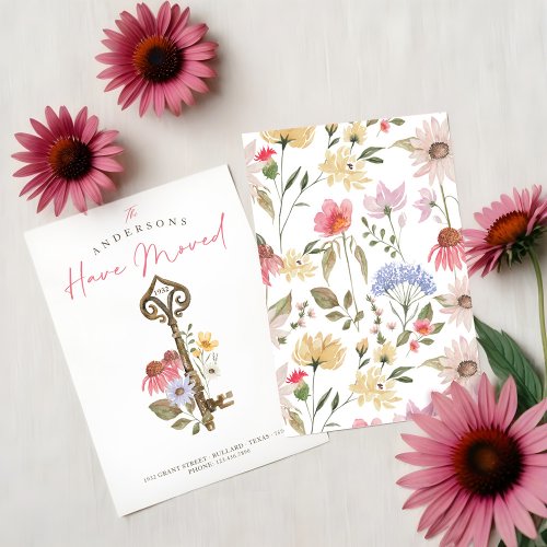 New Home Watercolor Wildflower Floral Vintage Key  Announcement