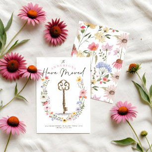 New Home Watercolor Wildflower Wreath Vintage Key Announcement